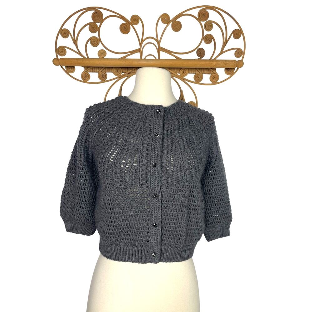 Ann Taylor button front short sleeve cardigan knit sweater top Gray Sp